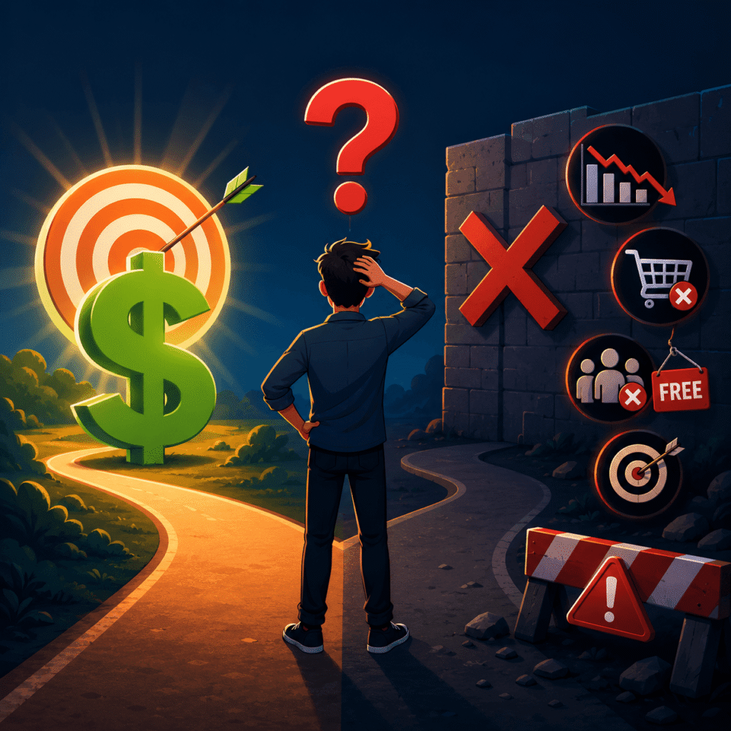 Business owner facing a wrong niche decision with warning symbols, missed target, empty market demand indicators, and growth obstacles.