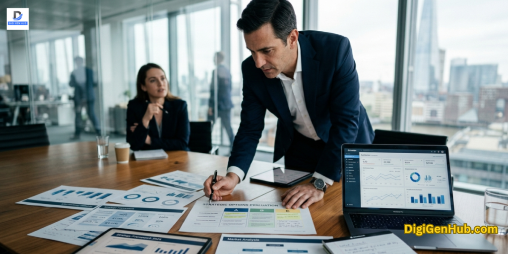 business consultant analyzing strategic reports and analytics data to improve decision making using modern consulting software tools