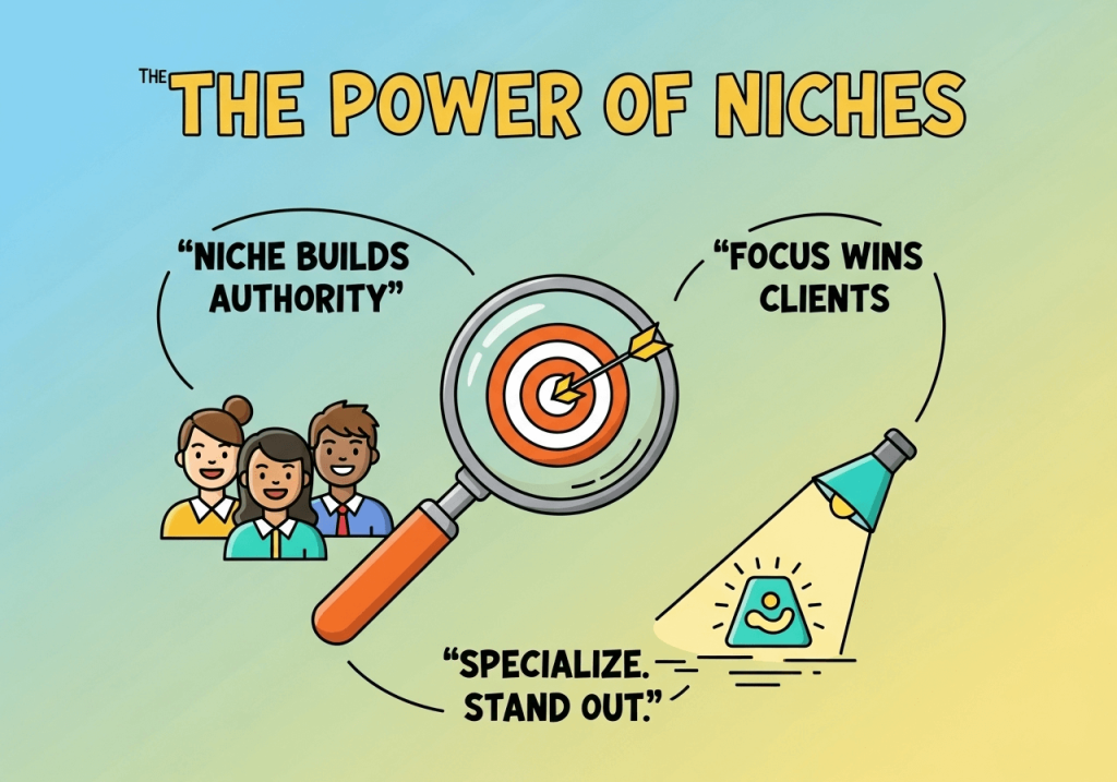 A cartoon-style business concept illustration highlighting why niches matter, with bold text quotes: Niche Builds Authority, Focus Wins Clients, and Specialize. Stand Out.