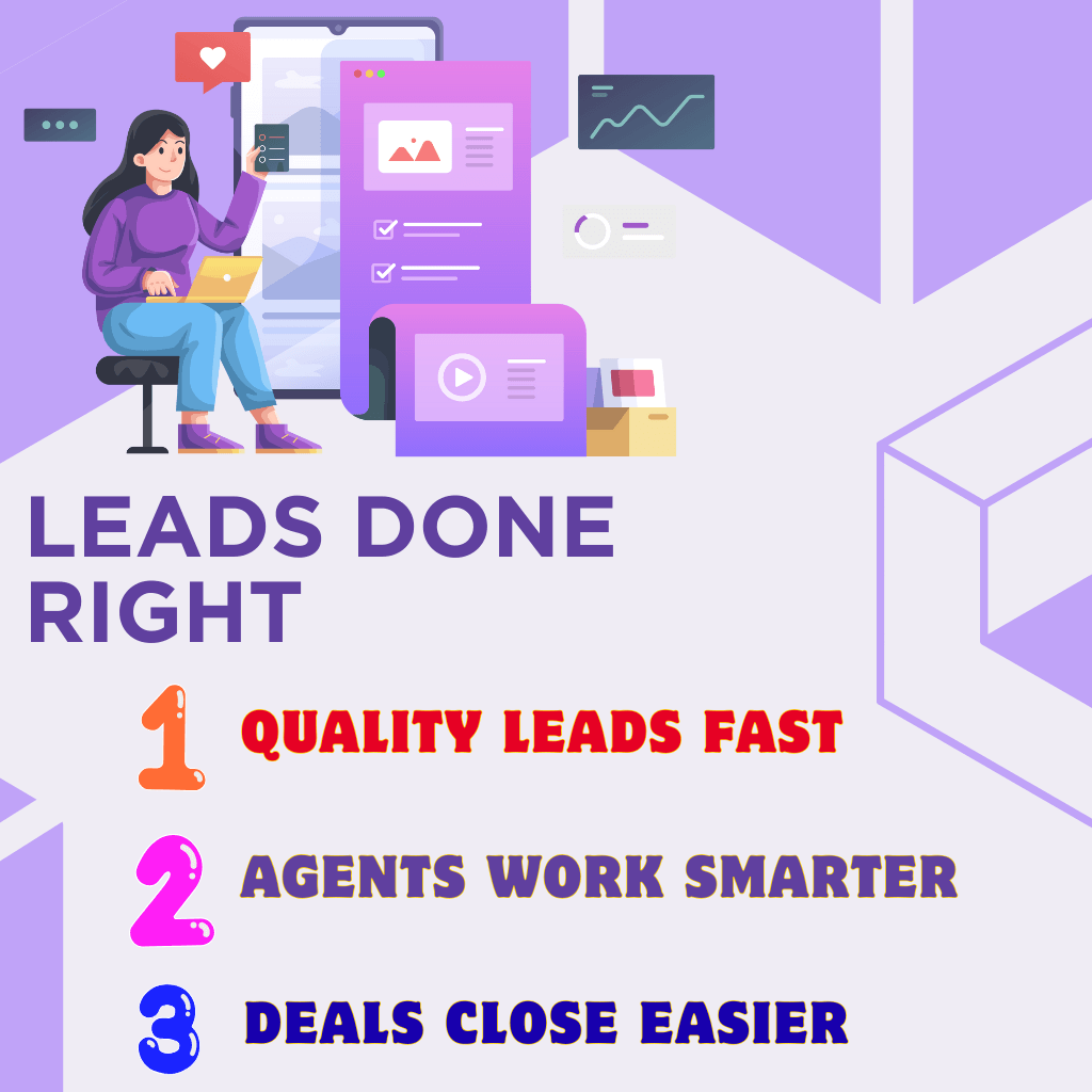 Infographic showing three short real estate lead generation quotes: &ldquo;Quality Leads Fast,&rdquo; &ldquo;Agents Work Smarter,&rdquo; and &ldquo;Deals Close Easier,&rdquo; with clean minimal icons.