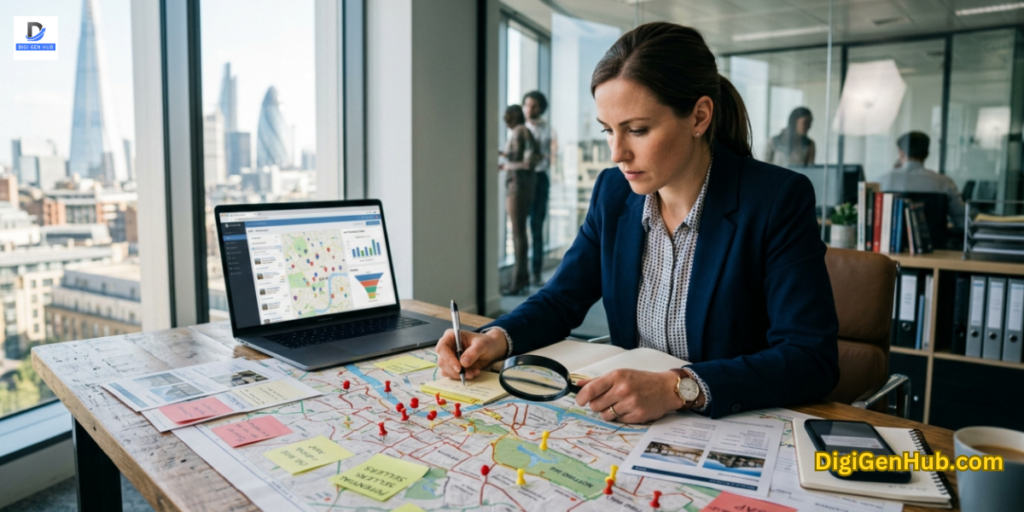 real estate agent analyzing property leads and market maps to identify potential sellers early using CRM and lead generation tools
