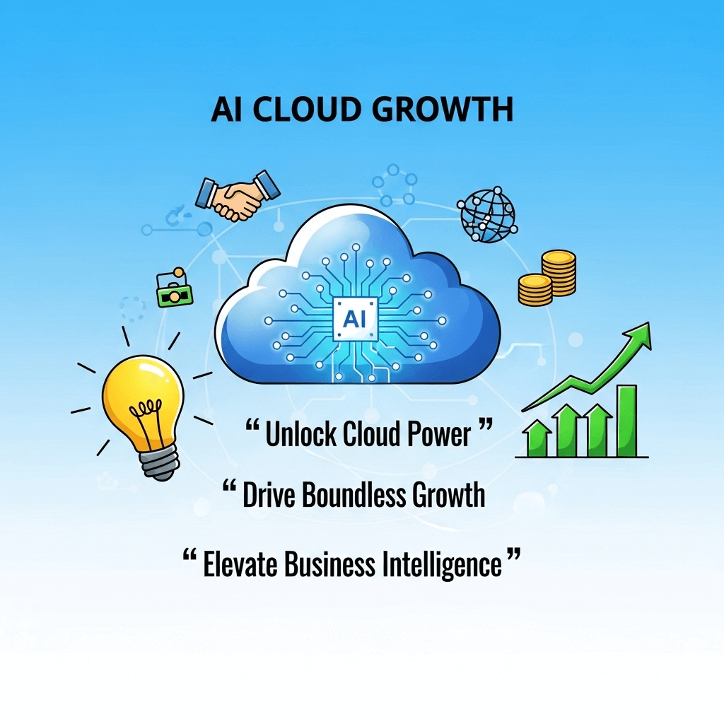 Cartoon-style illustration of AI cloud business platform with cloud, growth chart, and innovation lightbulb around bold text: Unlock Cloud Power, Drive Boundless Growth, Elevate Business Intelligence.