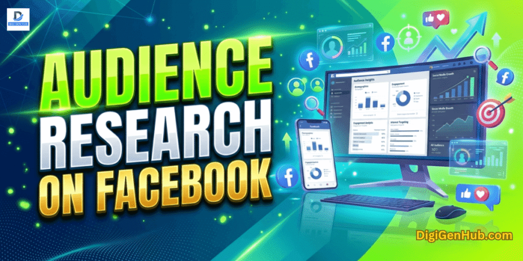 Audience research on Facebook illustration with social media analytics dashboard and neon green marketing design