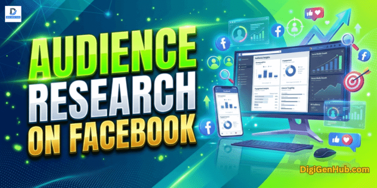 Audience research on Facebook illustration with social media analytics dashboard and neon green marketing design