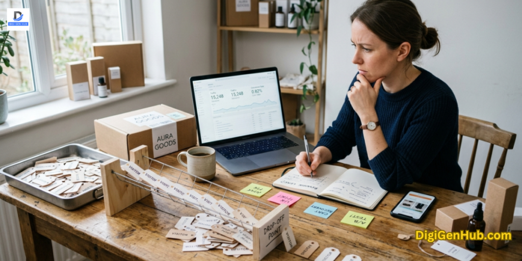 ecommerce analytics workspace showing traffic drop-off and conversion optimization strategy for improving online sales performance