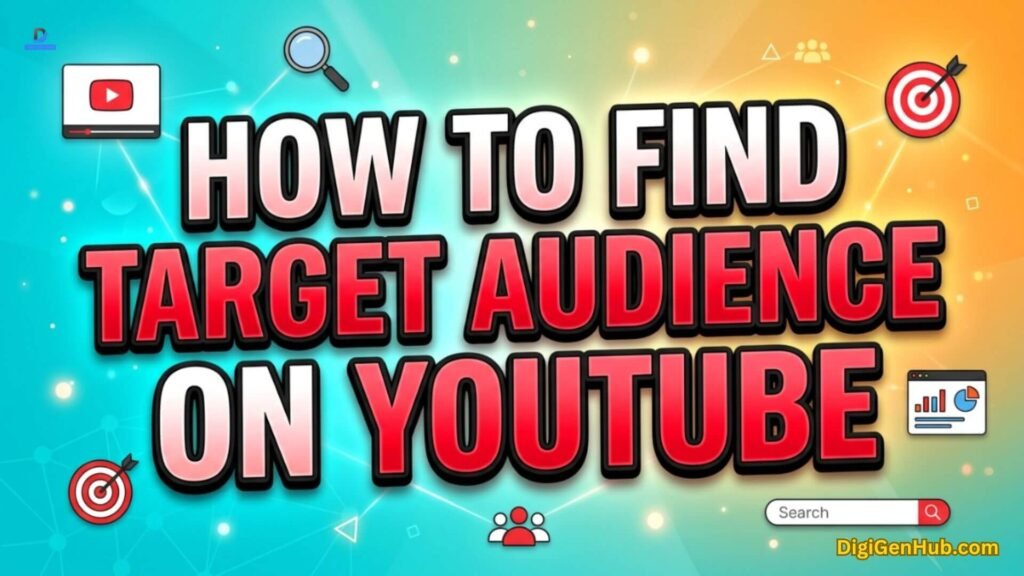YouTube target audience illustration with search and analytics icons.