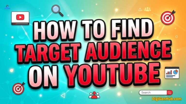 YouTube target audience illustration with search and analytics icons.