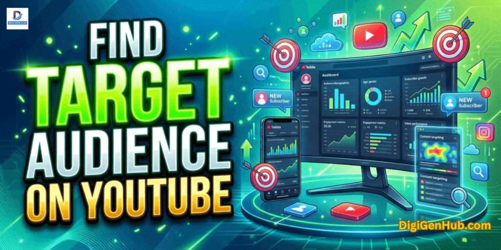 How to find target audience on YouTube illustration with YouTube analytics dashboard and neon green creator marketing design