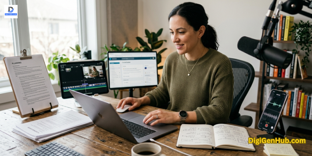 online course creator working with laptop and creative tools showing structured workflow for efficient course production and time optimization