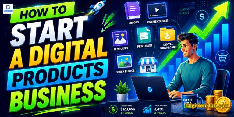 How to Start a Digital Products Business with online income growth illustration and digital product marketplace concepts