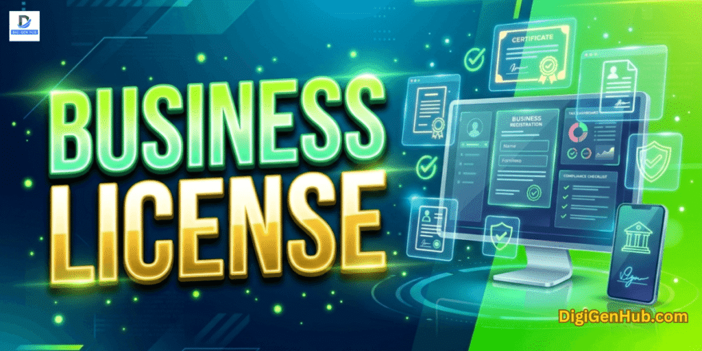 Business license illustration with digital registration dashboard and neon green legal business design