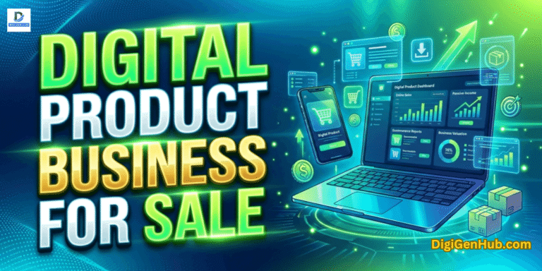Digital product business for sale illustration with ecommerce analytics dashboard and neon green online business design