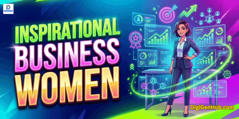 Inspirational business women illustration with futuristic business dashboard and neon green leadership design