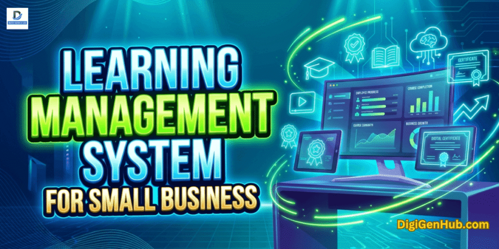 Learning management system for small business illustration with online training dashboard and neon green edtech business design