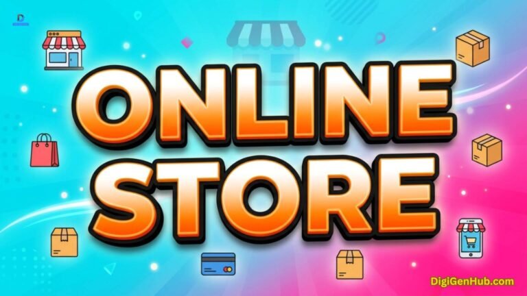 Online store illustration with shopping and ecommerce icons.