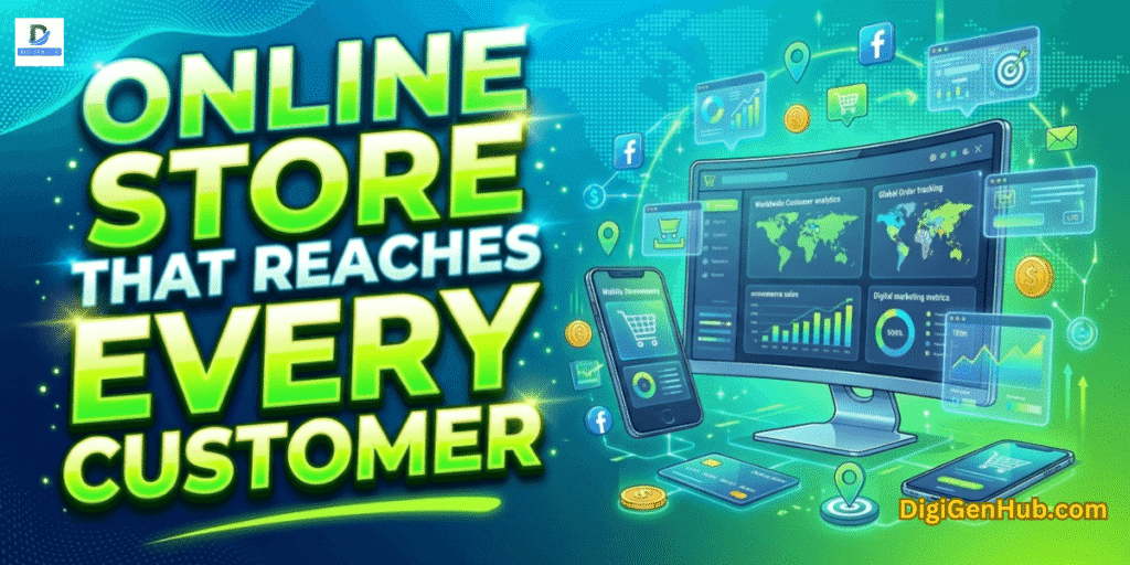 Online store that reaches every customer illustration with ecommerce analytics dashboard and neon green global business design