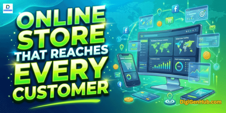 Online store that reaches every customer illustration with ecommerce analytics dashboard and neon green global business design