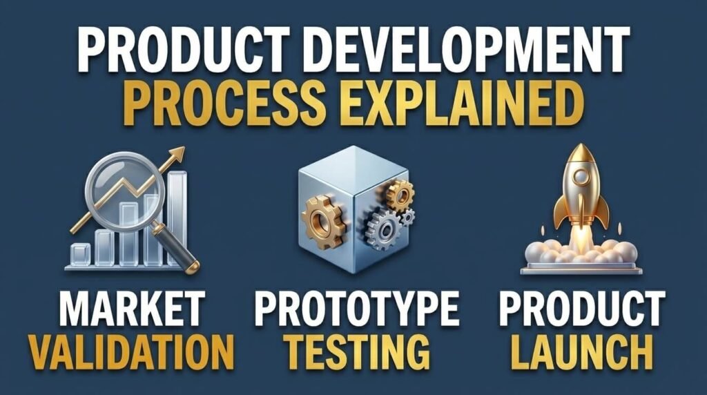 Product development infographic showing validation, testing, and launch process.