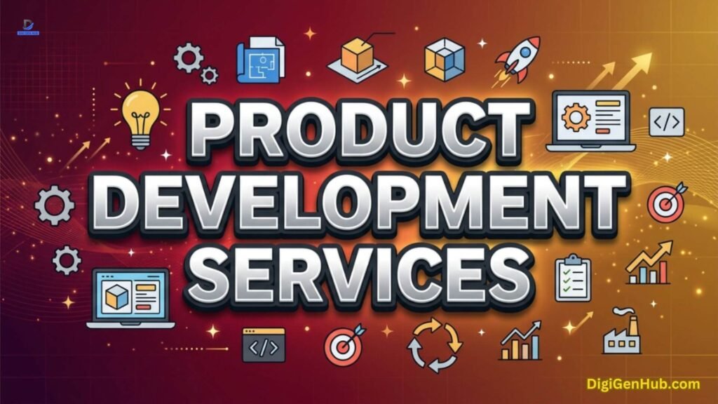 Product development services illustration with innovation and workflow icons.