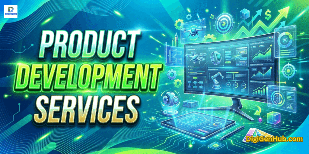 Product development services illustration with innovation dashboard and neon green business technology design
