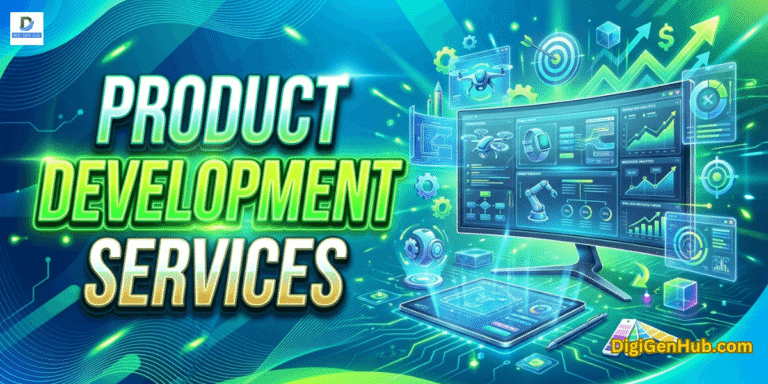 Product development services illustration with innovation dashboard and neon green business technology design