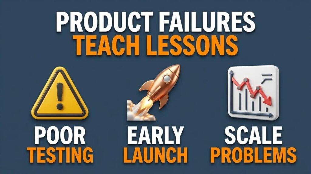 Product lessons infographic showing testing, launches, and scaling mistakes.