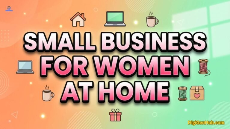 Home-based small business illustration with workspace and craft icons.