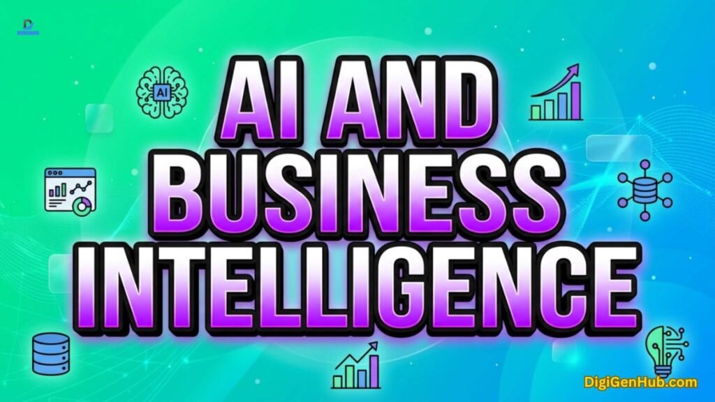 AI business intelligence illustration with analytics and data icons.