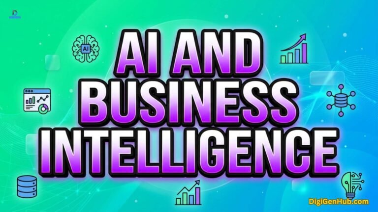 AI business intelligence illustration with analytics and data icons.