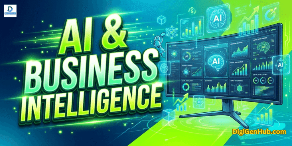 AI and business intelligence illustration with futuristic analytics dashboard and neon green technology design