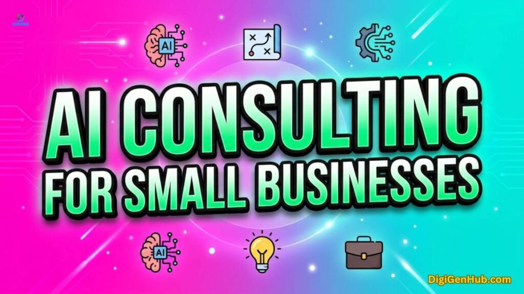 AI consulting illustration with strategy and business planning icons.