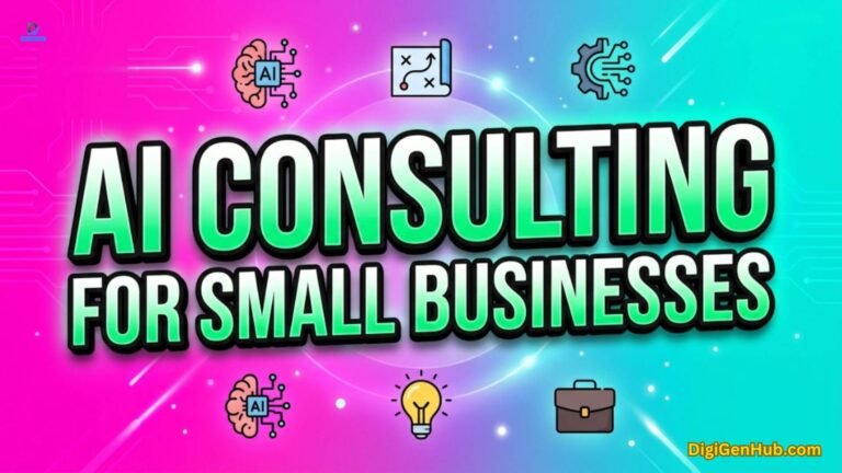 AI consulting illustration with strategy and business planning icons.