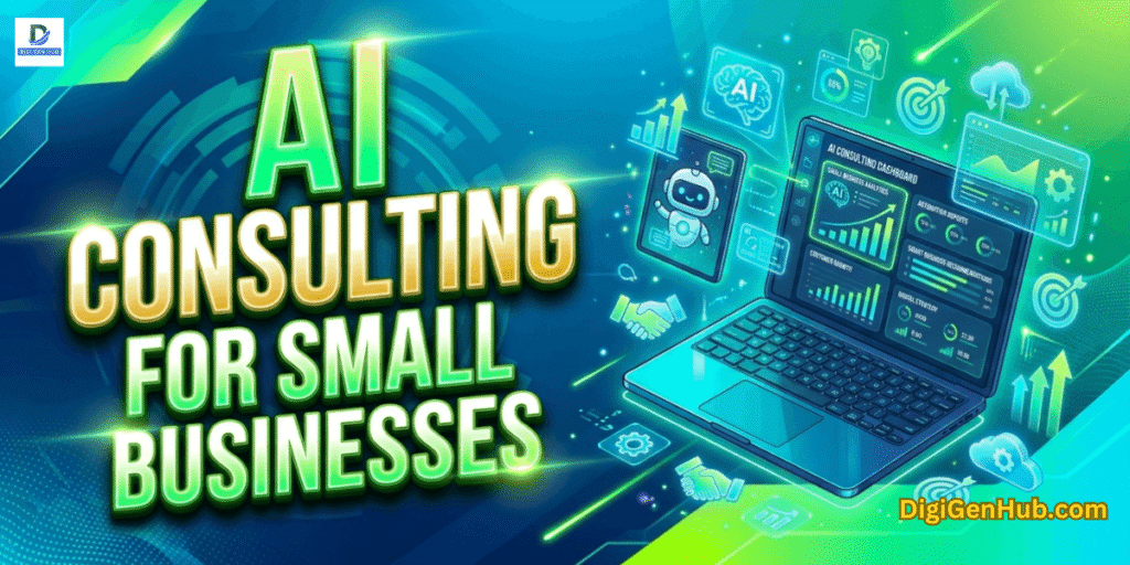 AI consulting for small businesses illustration with futuristic business analytics dashboard and neon green technology design