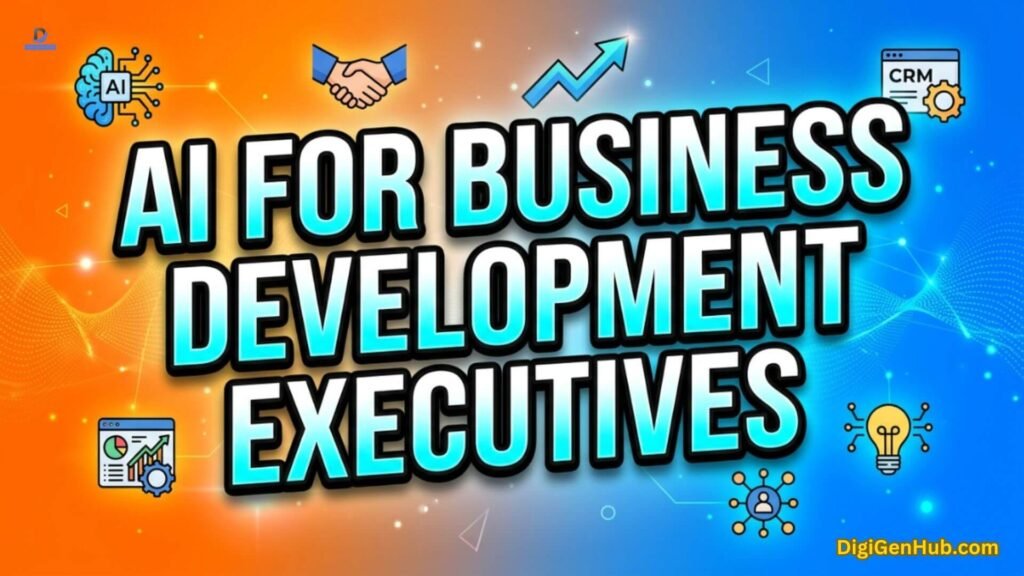 AI business development illustration with CRM and growth icons.
