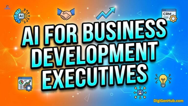 AI business development illustration with CRM and growth icons.