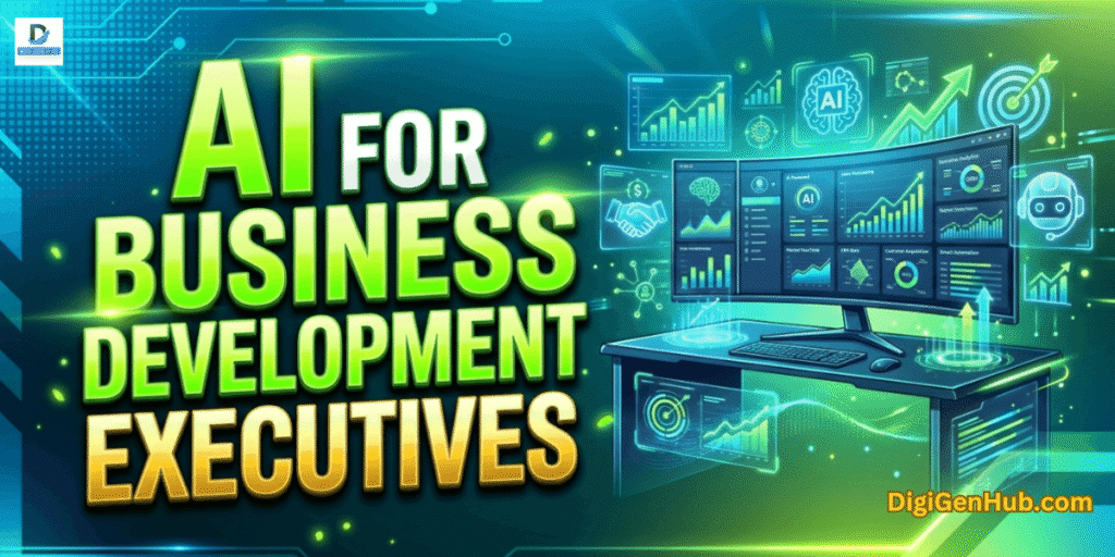 AI for business development executives illustration with futuristic analytics dashboard and neon green business growth technology design