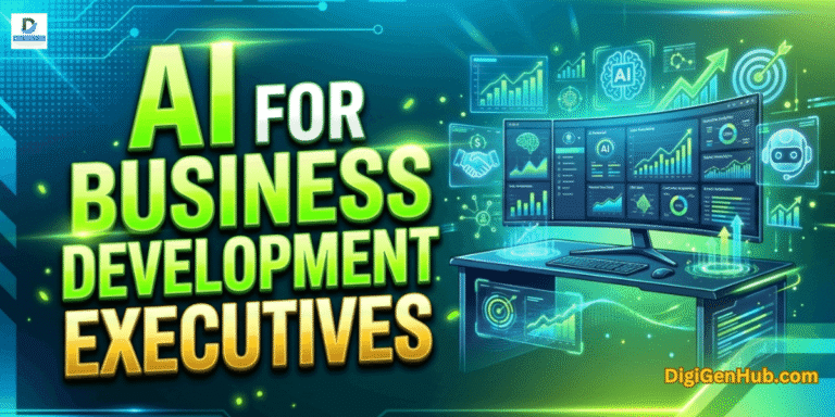 AI for business development executives illustration with futuristic analytics dashboard and neon green business growth technology design