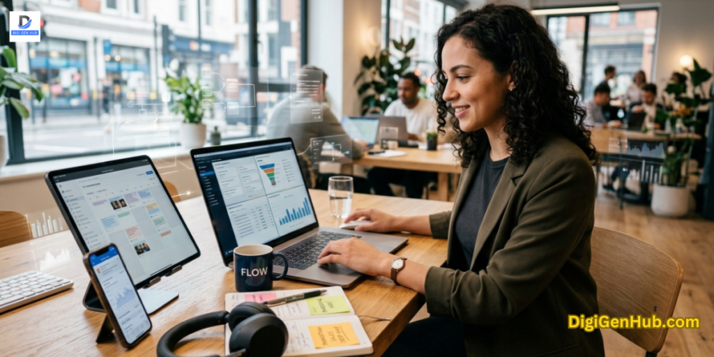 entrepreneur managing multiple business tasks using productivity software across devices in modern workspace showing high efficiency