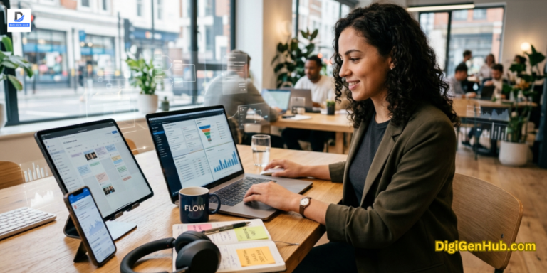 entrepreneur managing multiple business tasks using productivity software across devices in modern workspace showing high efficiency