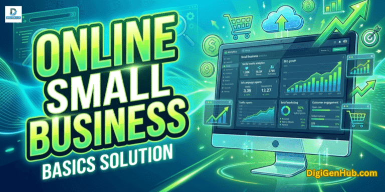 Online small business basics solution illustration with business analytics dashboard and neon green digital growth design