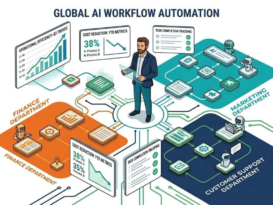 A 2D illustration showing agentic AI managing multi-step business workflows and reducing operational costs across marketing, finance, and customer support on a clean white background.