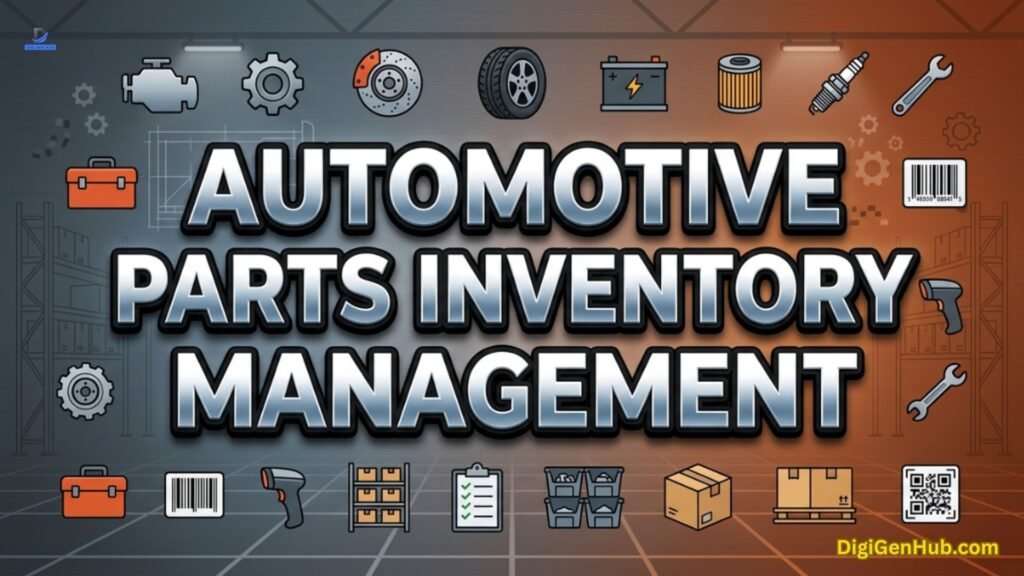 Automotive inventory illustration with spare parts and warehouse icons.