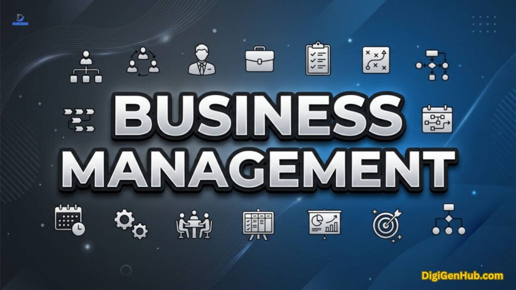 Business management illustration with leadership and workflow icons.