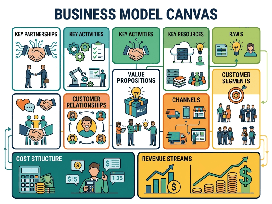 A 2D illustration of the nine Business Model Canvas blocks including Customer Segments, Value Propositions, Revenue Streams, and Cost Structure arranged in a structured colorful grid layout.