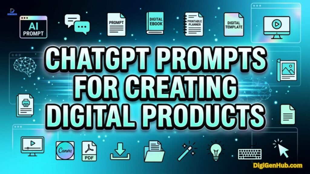 ChatGPT prompts illustration with digital product creation icons.