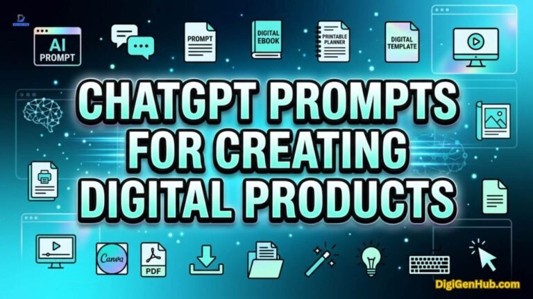 ChatGPT prompts illustration with digital product creation icons.