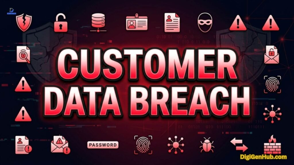 Customer data breach illustration with cybersecurity and privacy icons.