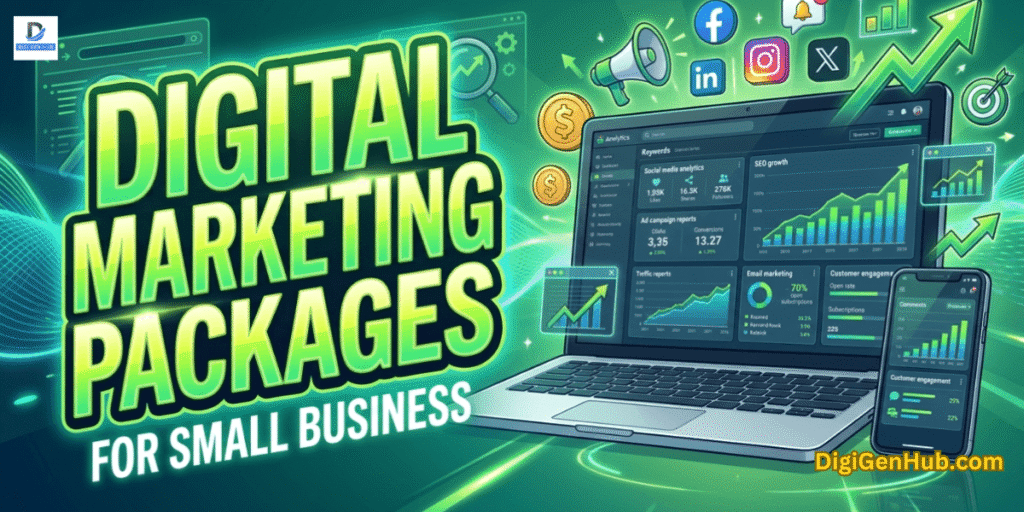Digital marketing packages for small business with marketing analytics dashboard and green business growth illustration