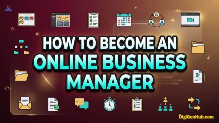 Online business manager illustration with workflow and management icons.