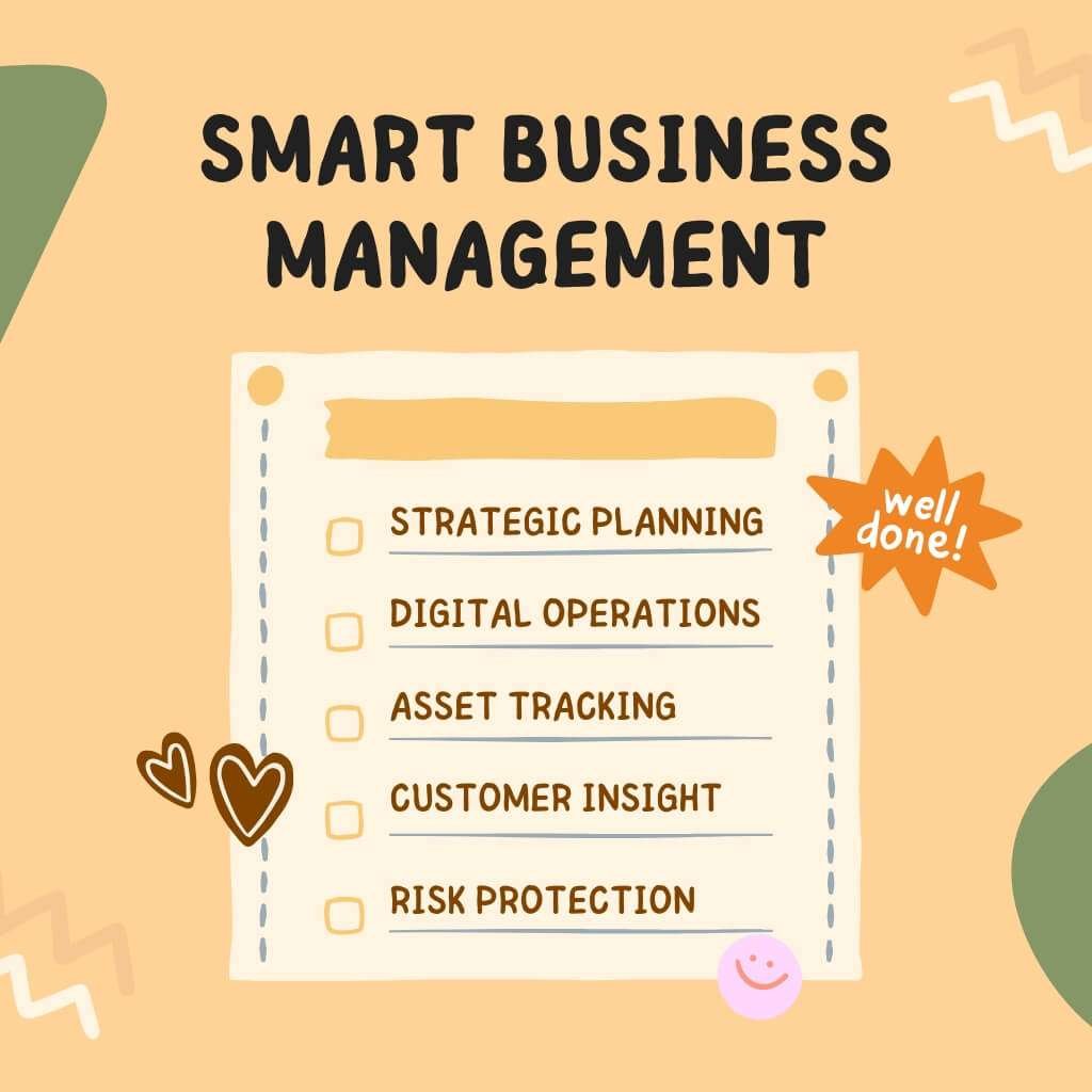 Illustration of a manager planning strategy with digital tools, asset icons, and data dashboards.